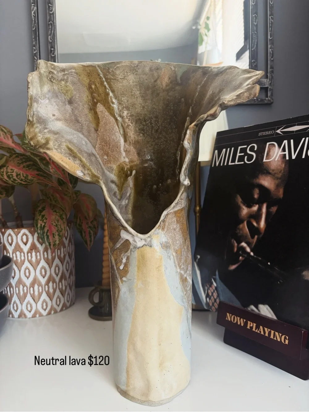 Neutral Lava Ceramic Sculptural Vase — Organic Olive and Cream